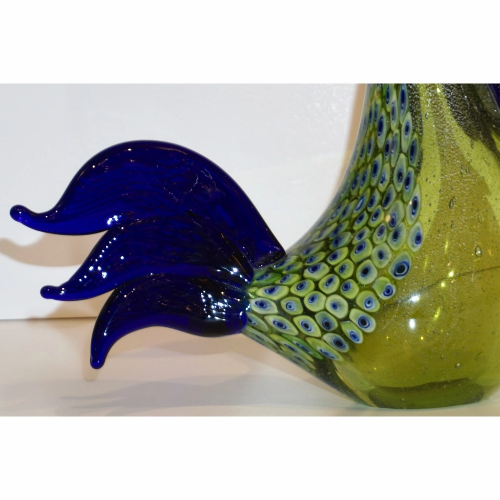 Seguso 1980 Italian Silver Navy Blue Apple Green Murano Glass Hen Bird Sculpture