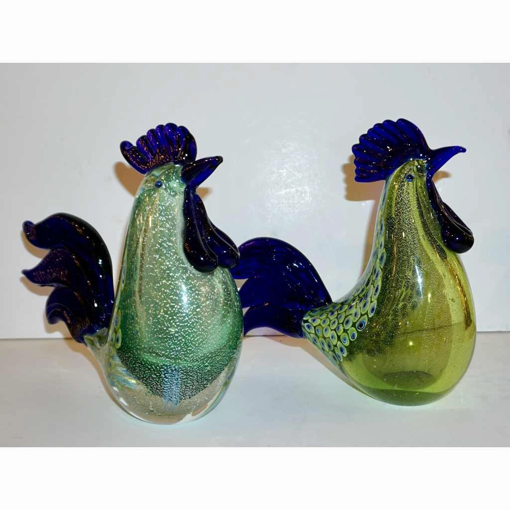 Seguso 1980 Italian Silver Navy Blue Apple Green Murano Glass Hen Bird Sculpture