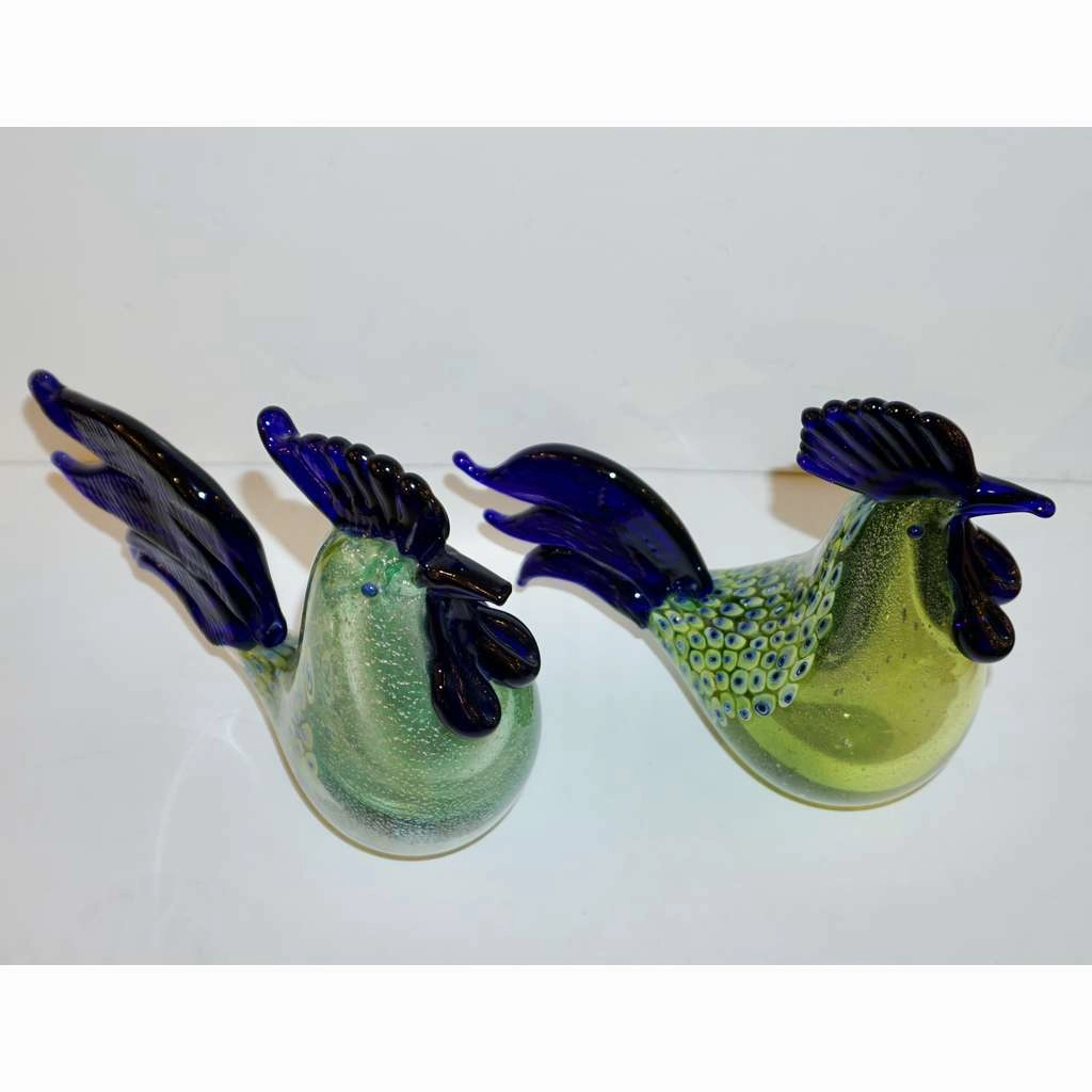 Seguso 1980 Italian Silver Navy Blue Apple Green Murano Glass Hen Bird Sculpture