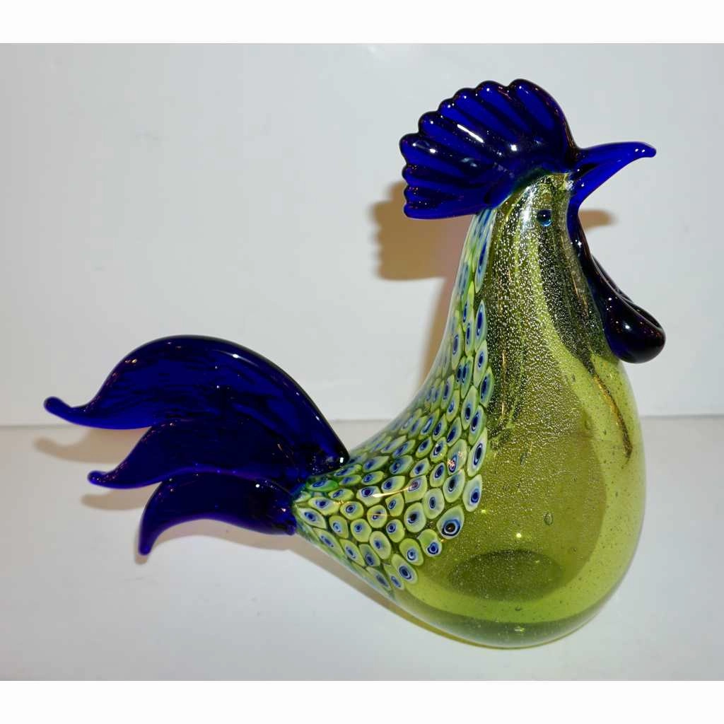Seguso 1980 Italian Silver Navy Blue Apple Green Murano Glass Hen Bird Sculpture