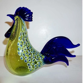 Seguso 1980 Italian Silver Navy Blue Apple Green Murano Glass Hen Bird Sculpture 