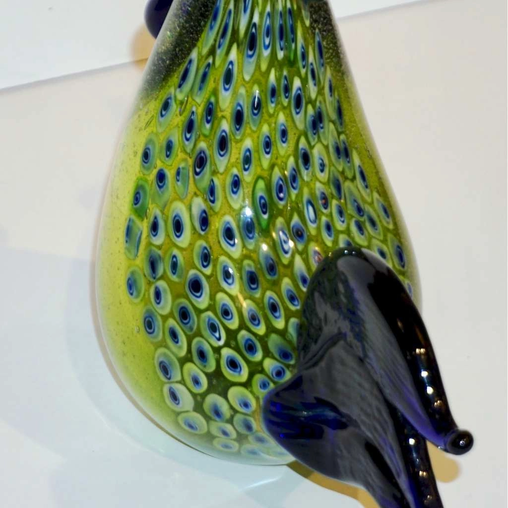 Seguso 1980 Italian Silver Navy Blue Apple Green Murano Glass Hen Bird Sculpture