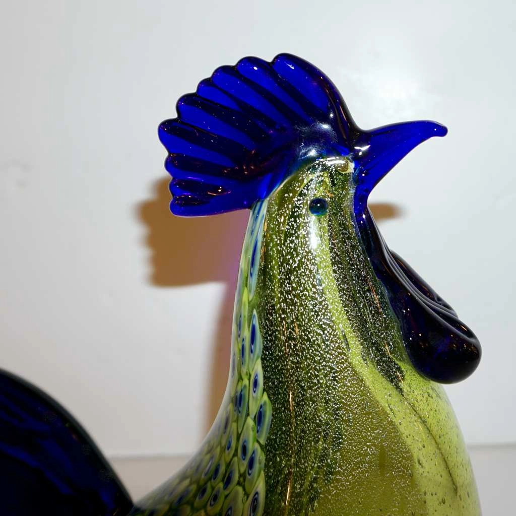 Seguso 1980 Italian Silver Navy Blue Apple Green Murano Glass Hen Bird Sculpture