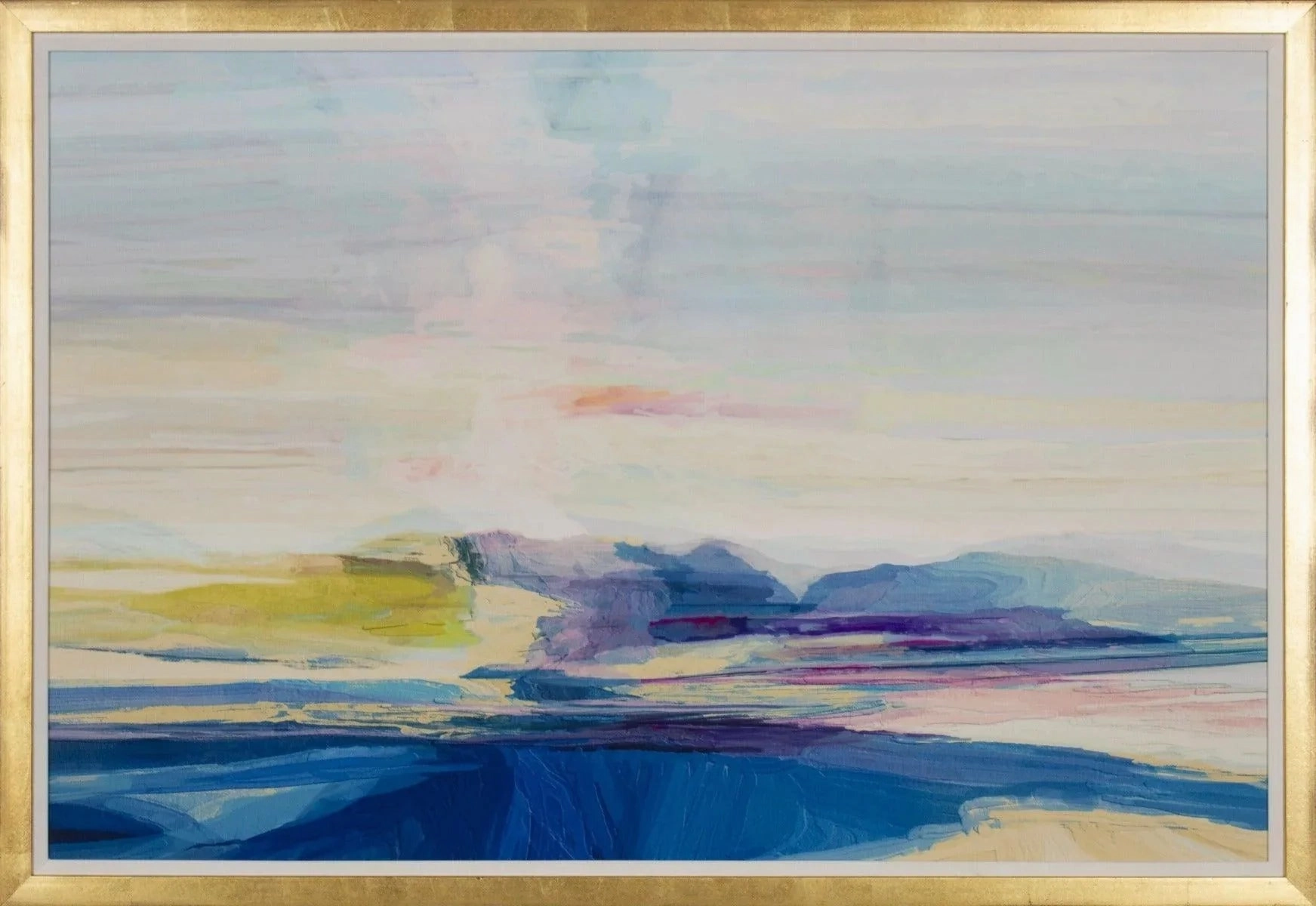 Serene Hills Abstract Blue and Pink Hills and Sky Wall Art in Gold Frame 