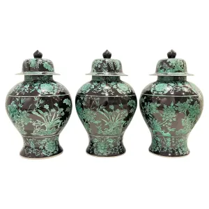 Set 3 Mid-20th Century Chinese Export Black Green Tall Baluster Jars with Cover 