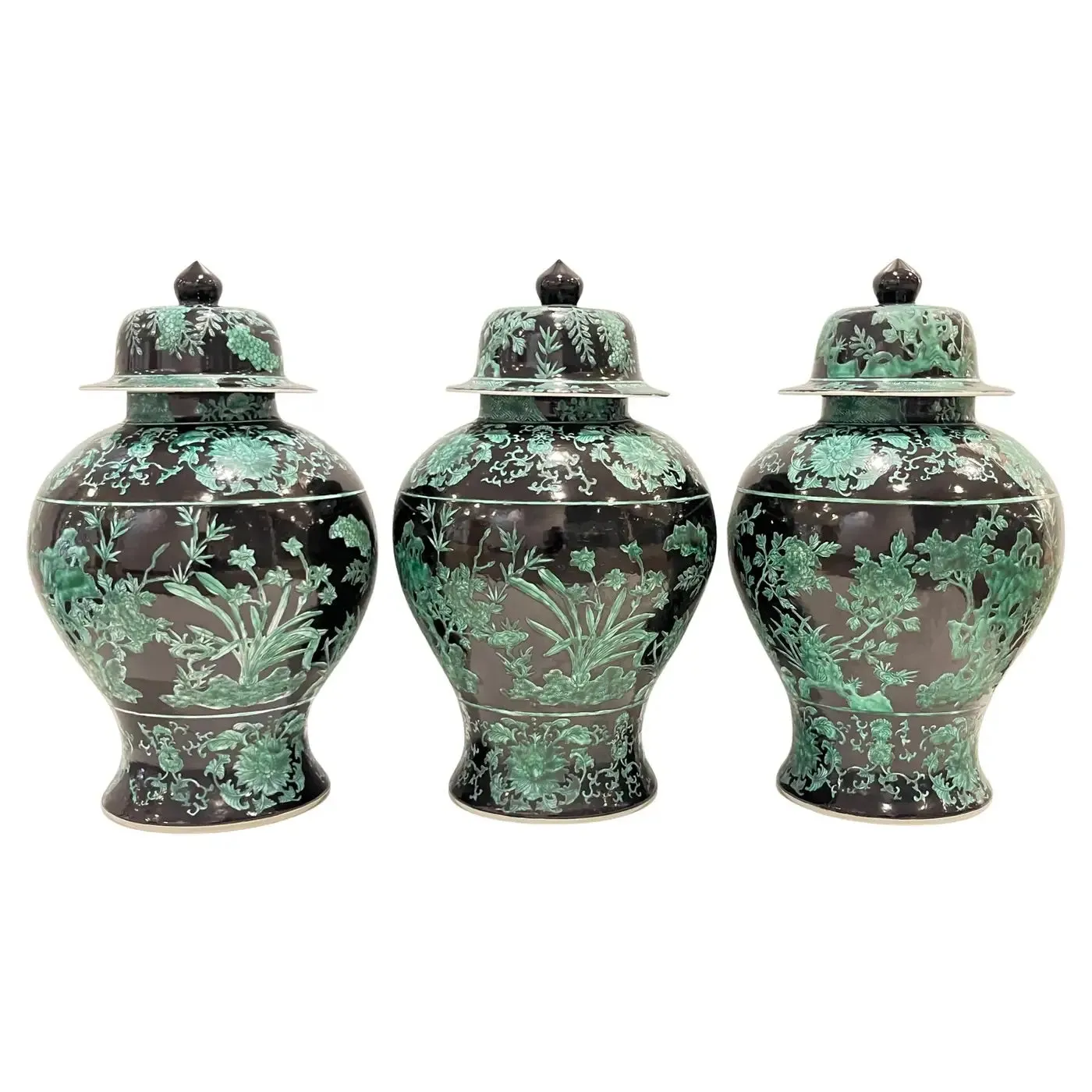 Set 3 Mid-20th Century Chinese Export Black Green Tall Baluster Jars with Cover 