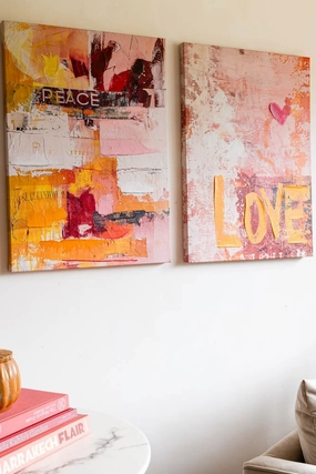 Set of 2 Pink & Orange Abstract Peace/Love Wall Art 