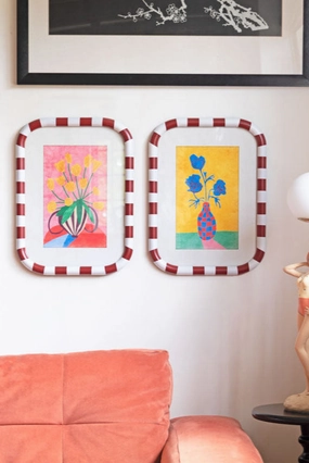Set of 2 Red & White Striped Frames with Colourful Flower Prints 