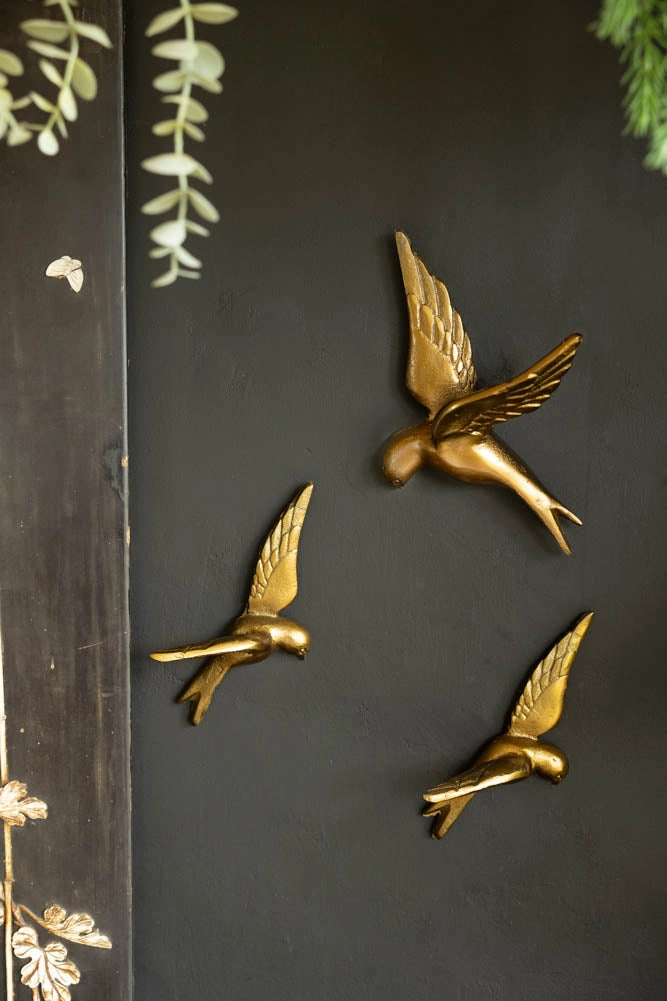 Set Of 3 Gold Metal Birds Wall Ornament 
