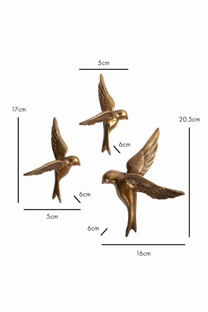 Set Of 3 Gold Metal Birds Wall Ornament