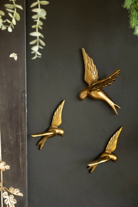Set Of 3 Gold Metal Birds Wall Ornament 