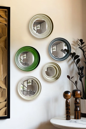 Set Of 5 Metal Frame Mirrors in Green & Natural 