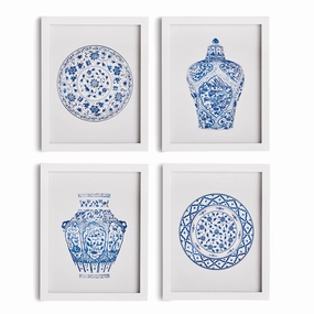 Set of Four Blue and White Dynasty Petite Prints in Gray Frames 