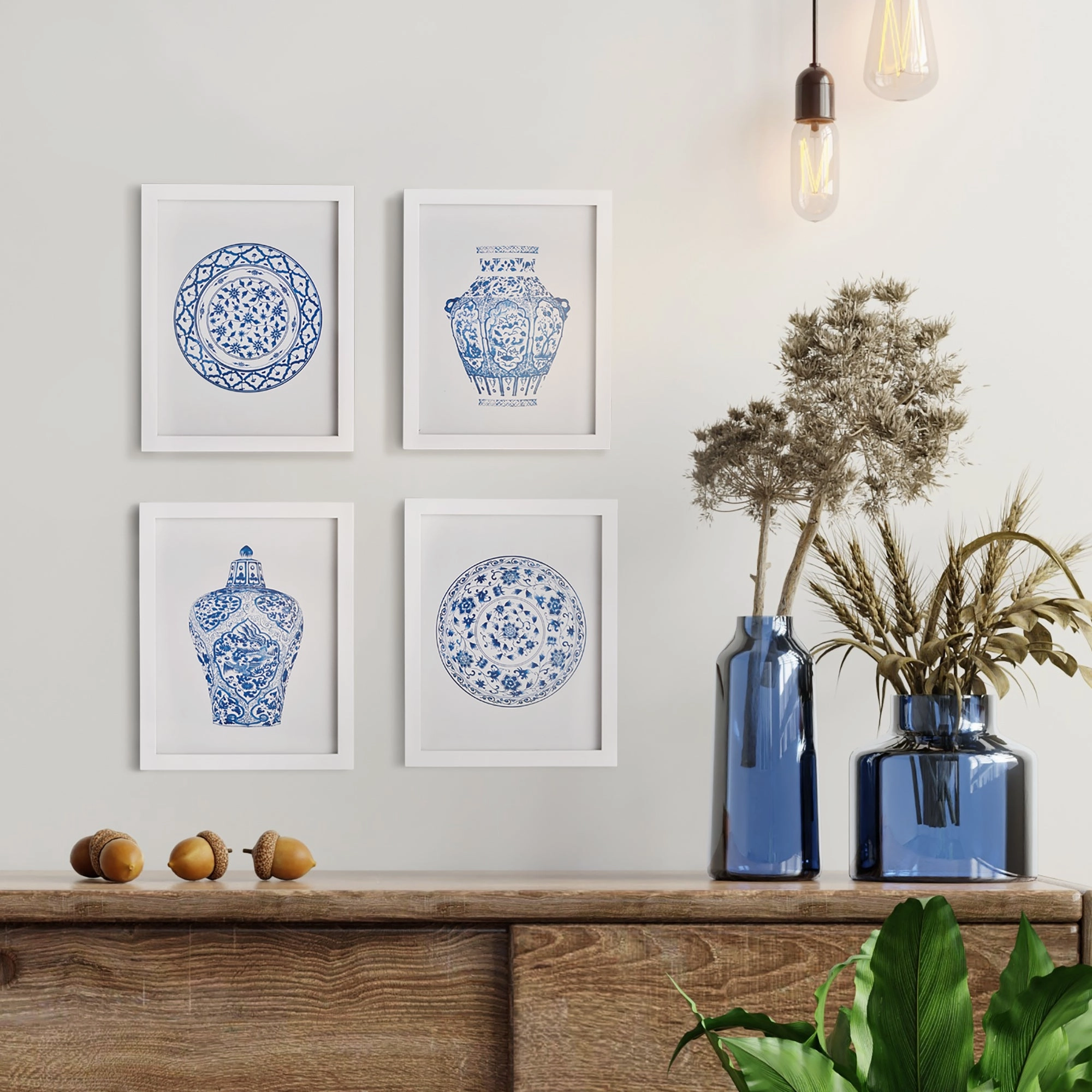 Set of Four Blue and White Dynasty Petite Prints in Gray Frames