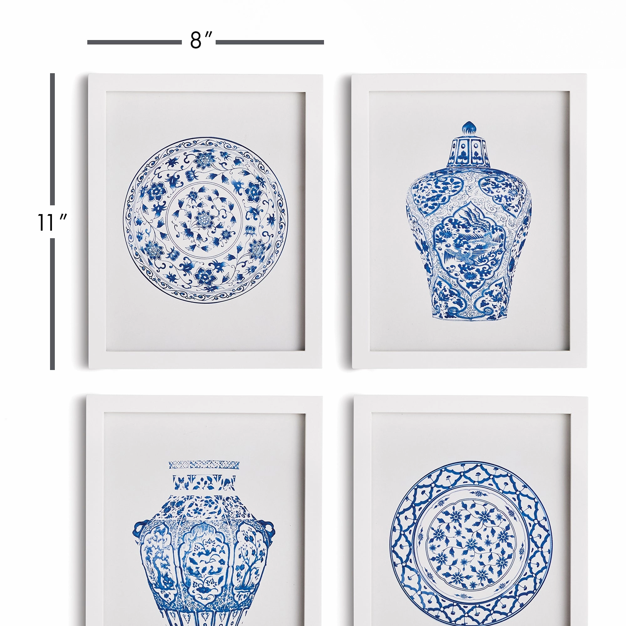 Set of Four Blue and White Dynasty Petite Prints in Gray Frames
