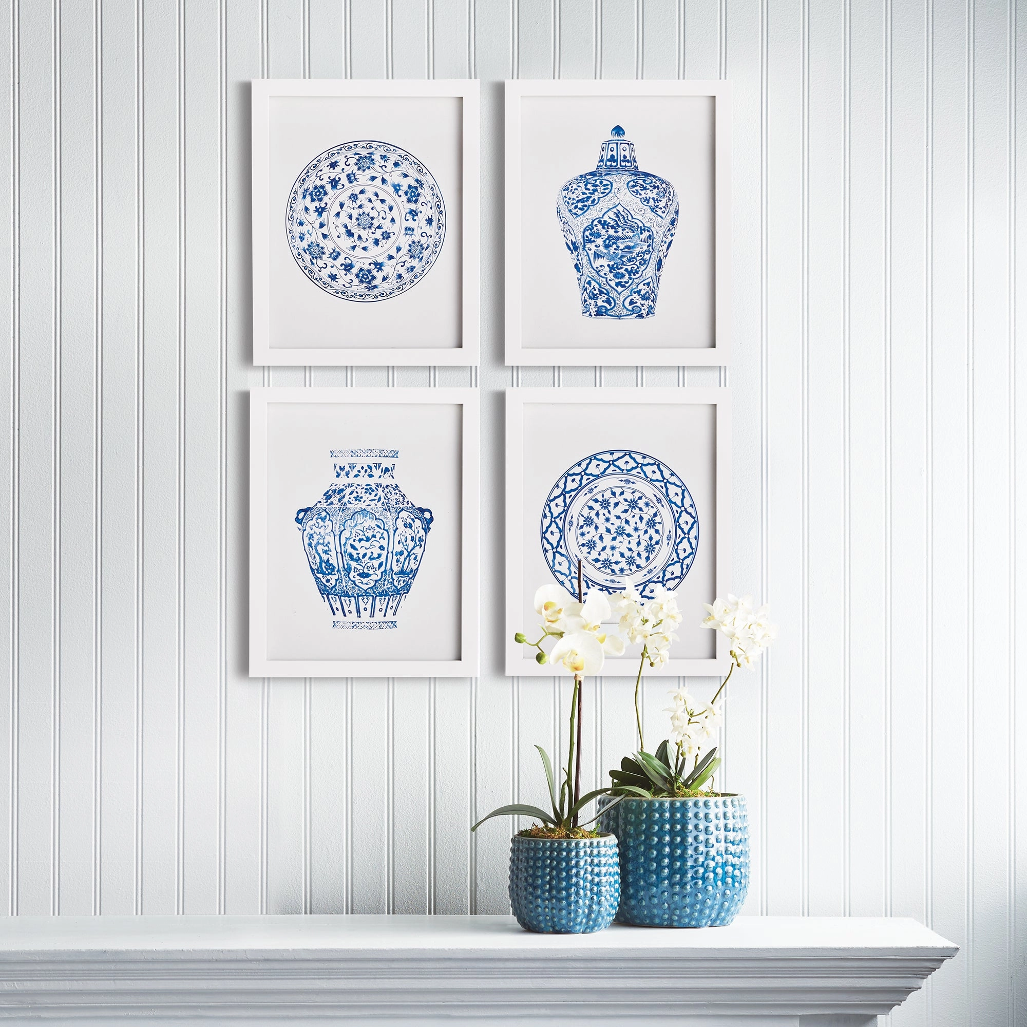 Set of Four Blue and White Dynasty Petite Prints in Gray Frames
