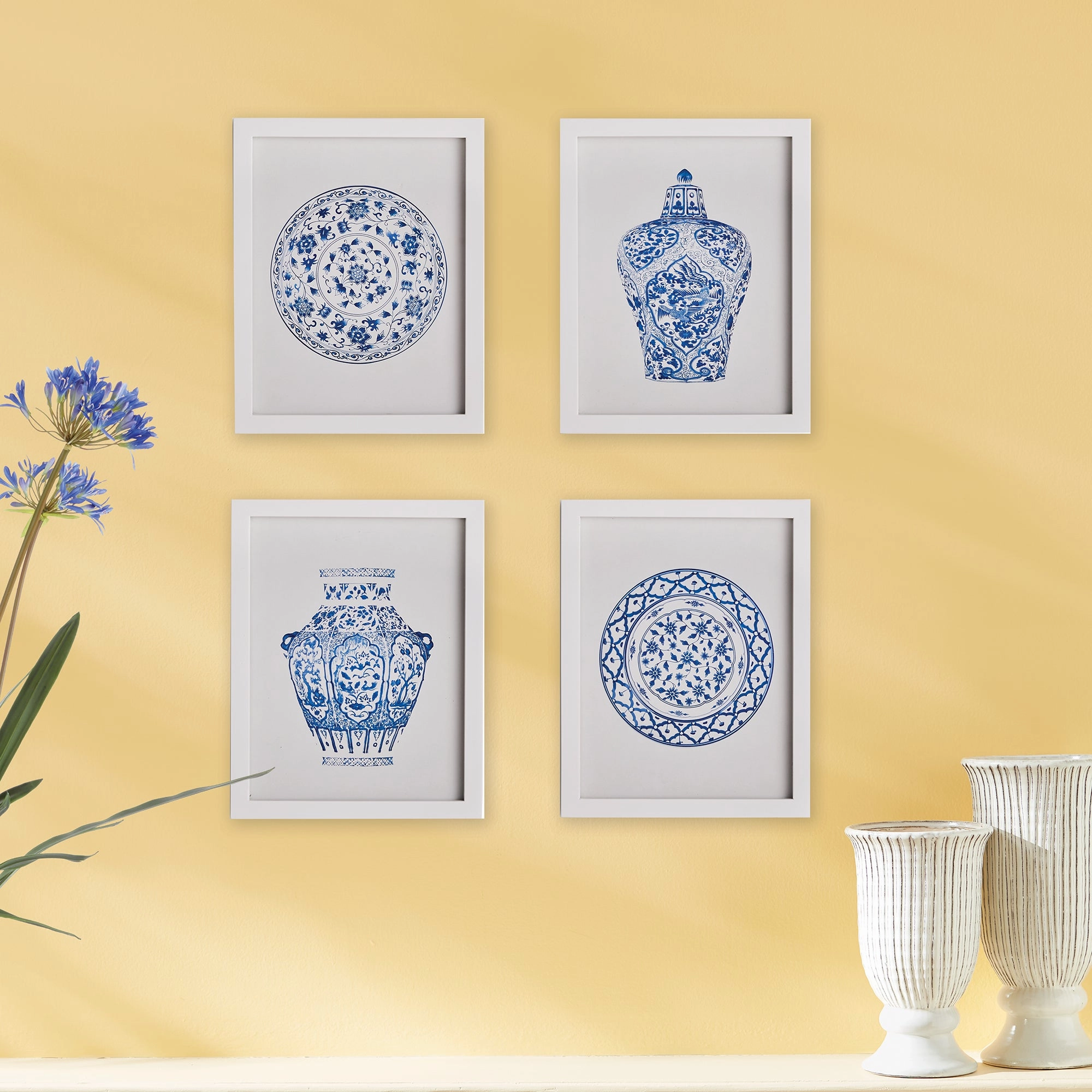 Set of Four Blue and White Dynasty Petite Prints in Gray Frames