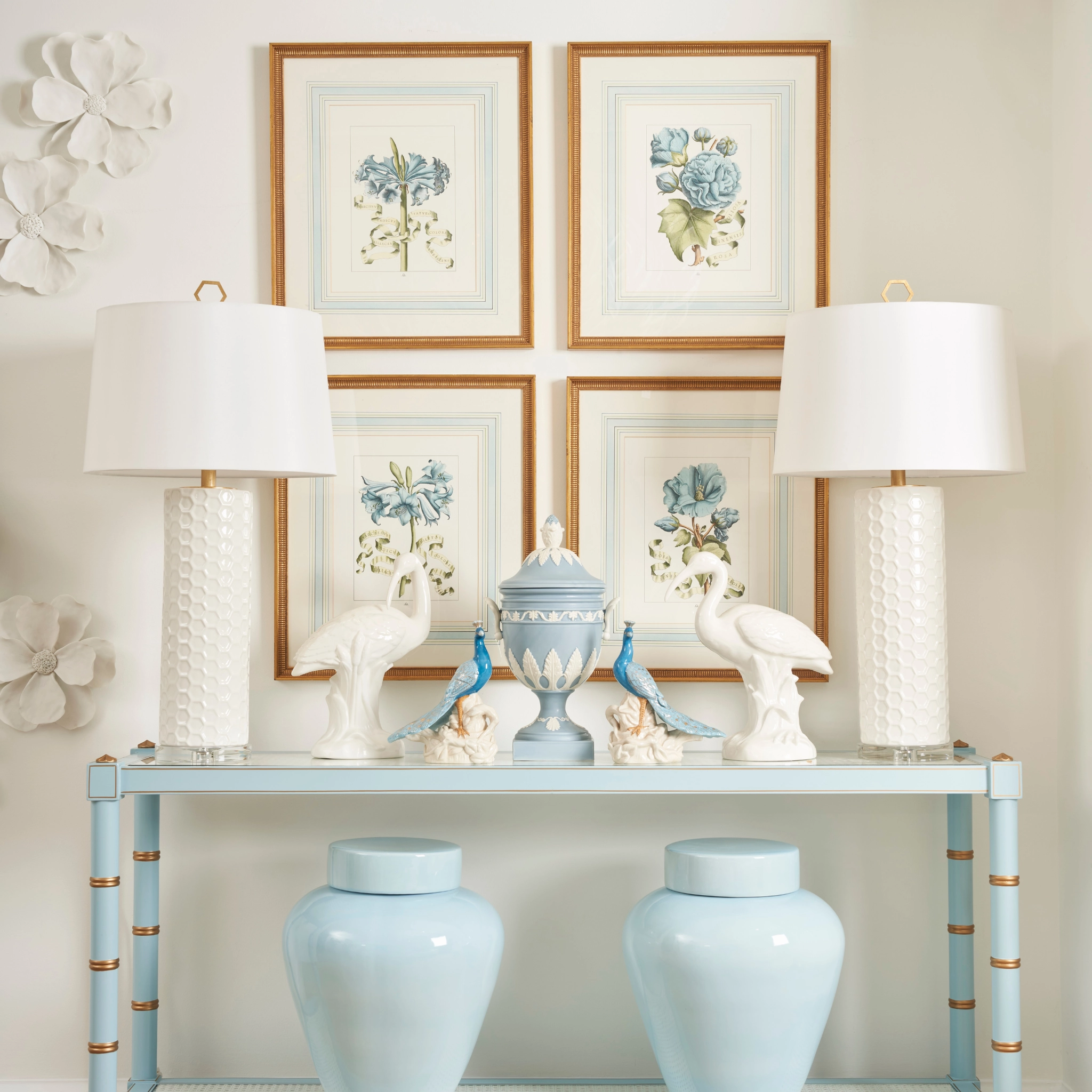 Set of Four Blue Flowers With Ribbon Botanical Wall Art Prints