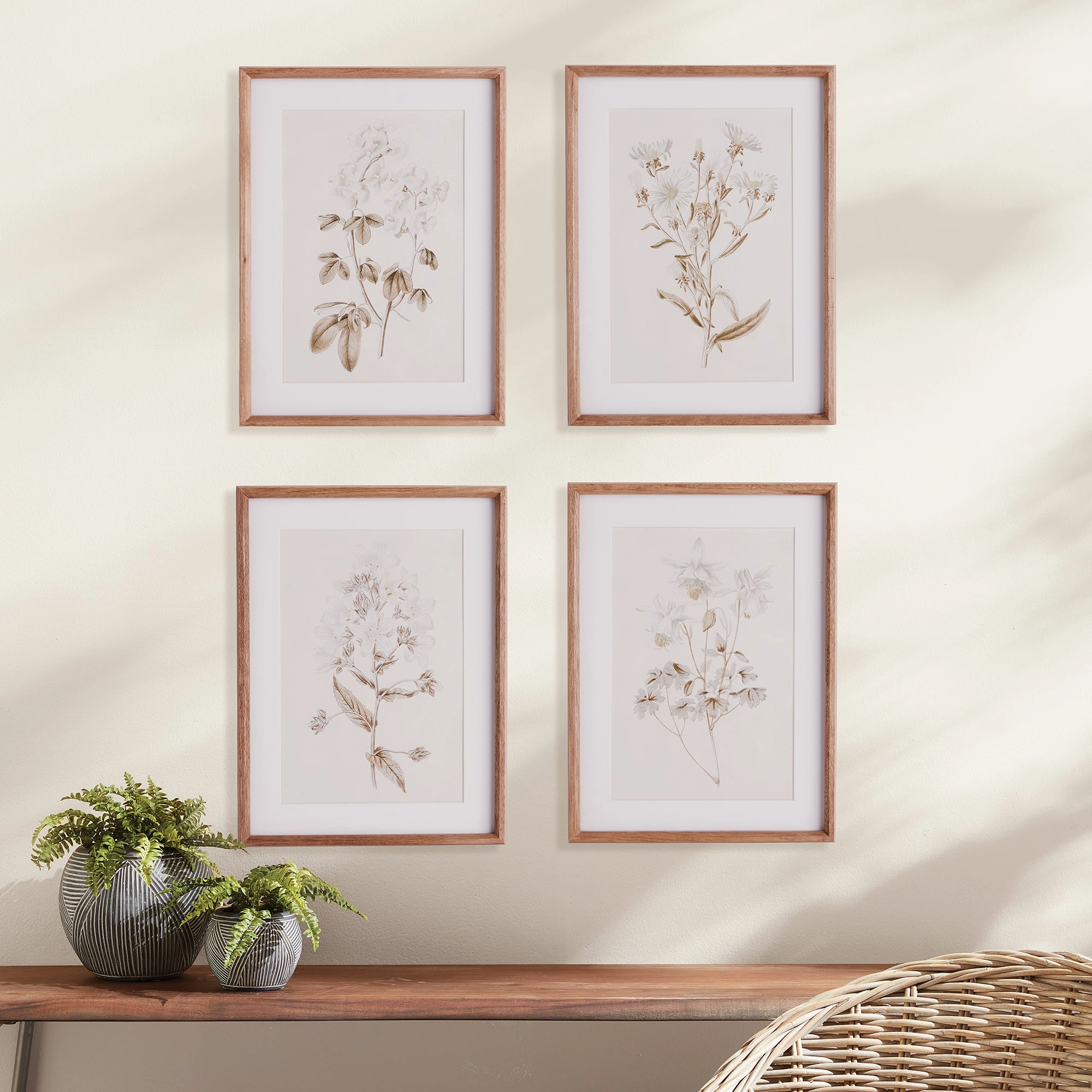 Set of Four Fleur De Blanc Prints in Natural Wood Frames