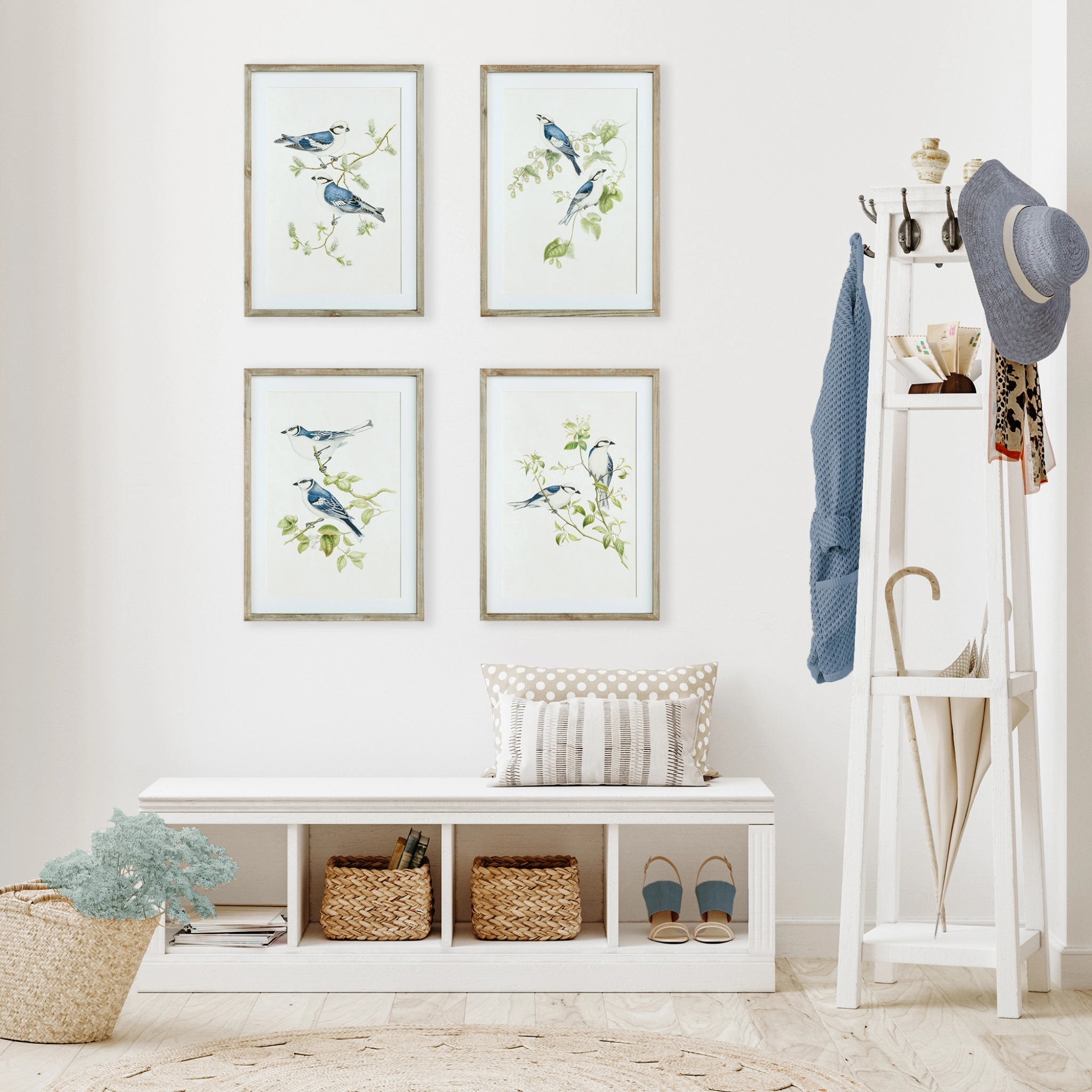 Set of Four Framed Blue Bird Prints Wall Art