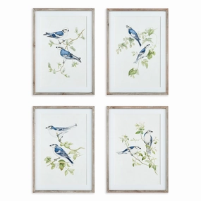 Set of Four Framed Blue Bird Prints Wall Art 