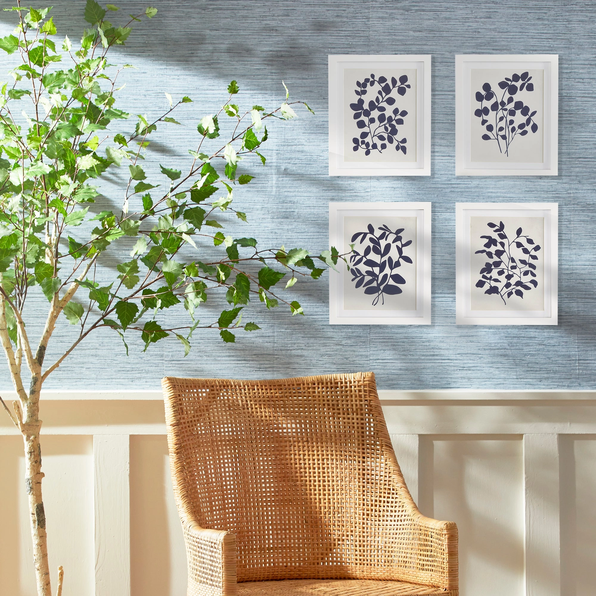 Set of Four Framed Navy and White Leafy Vine Prints