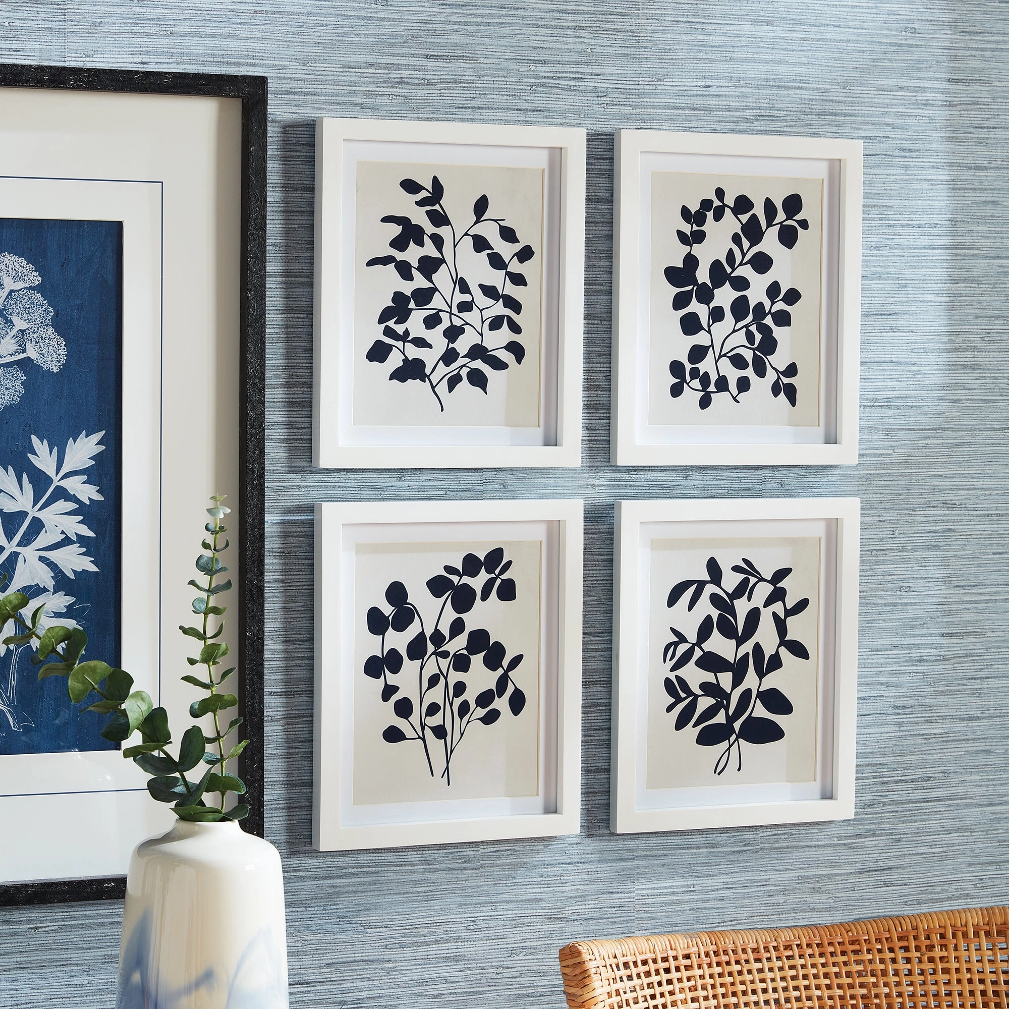 Set of Four Framed Navy and White Leafy Vine Prints