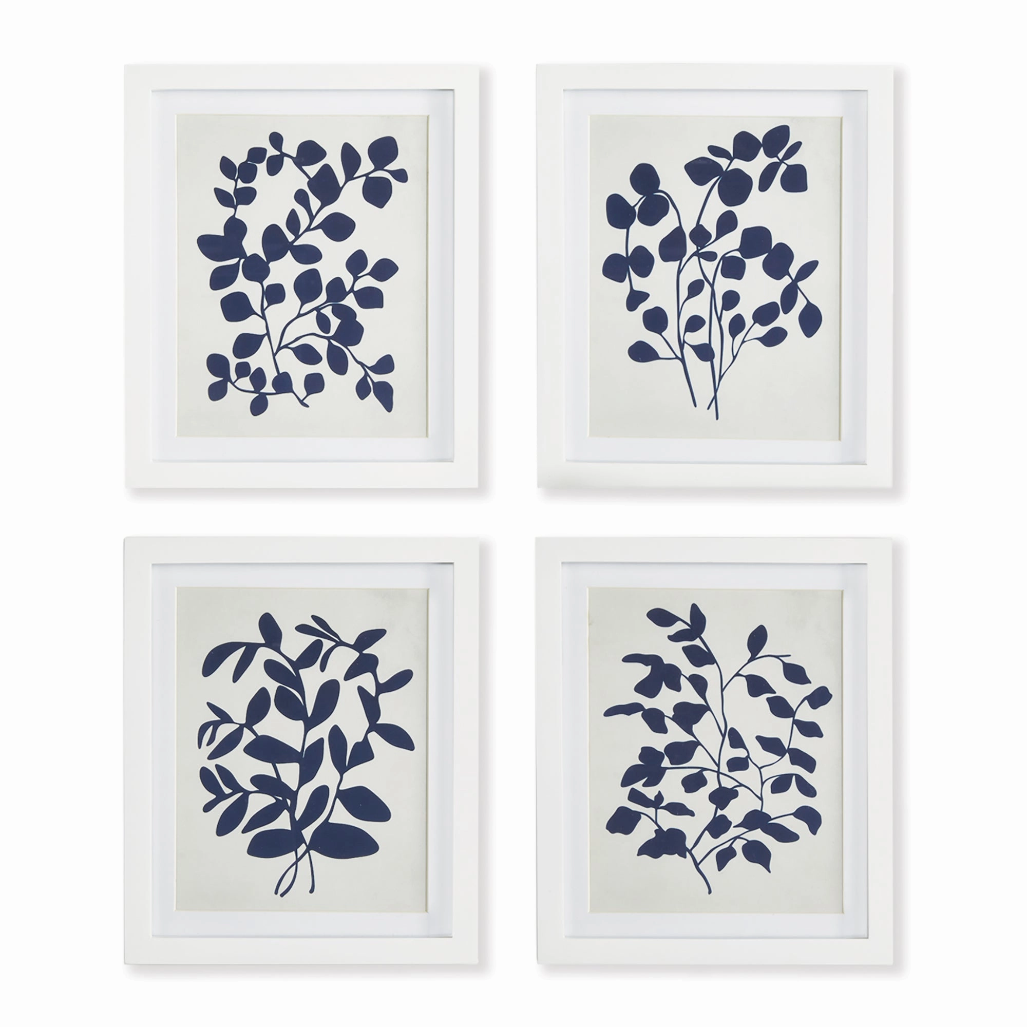 Set of Four Framed Navy and White Leafy Vine Prints 