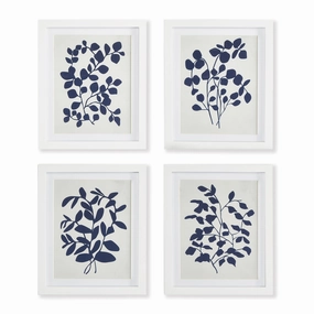 Set of Four Framed Navy and White Leafy Vine Prints 