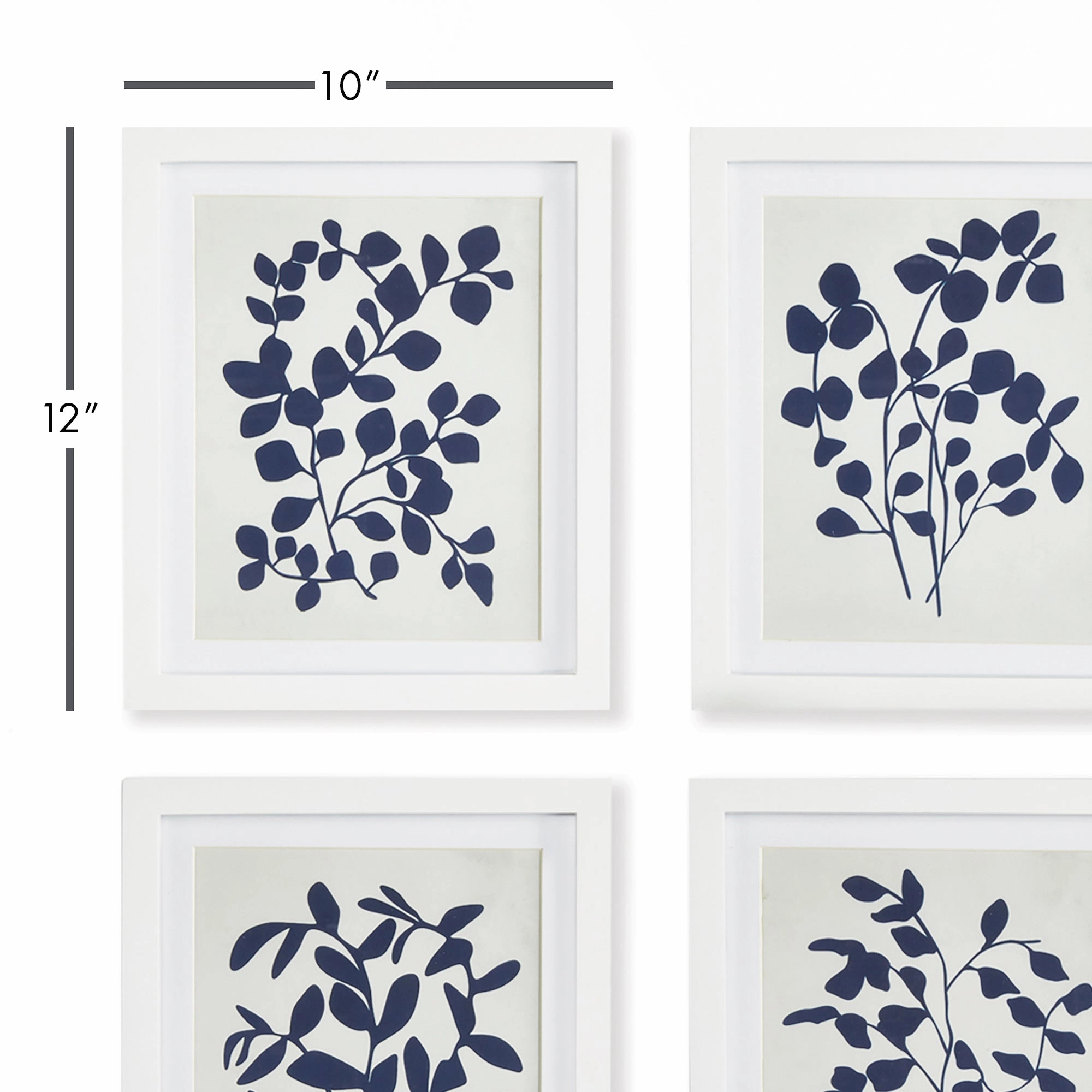 Set of Four Framed Navy and White Leafy Vine Prints