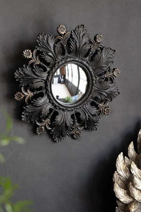 Small Black Flowers & Leaves Convex Mirror 