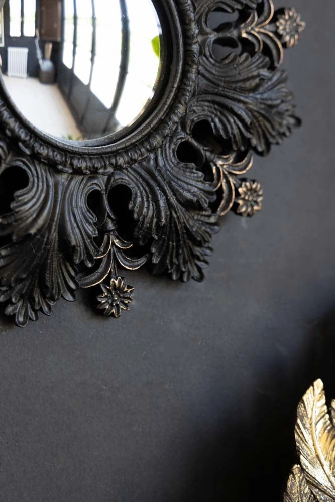 Small Black Flowers & Leaves Convex Mirror