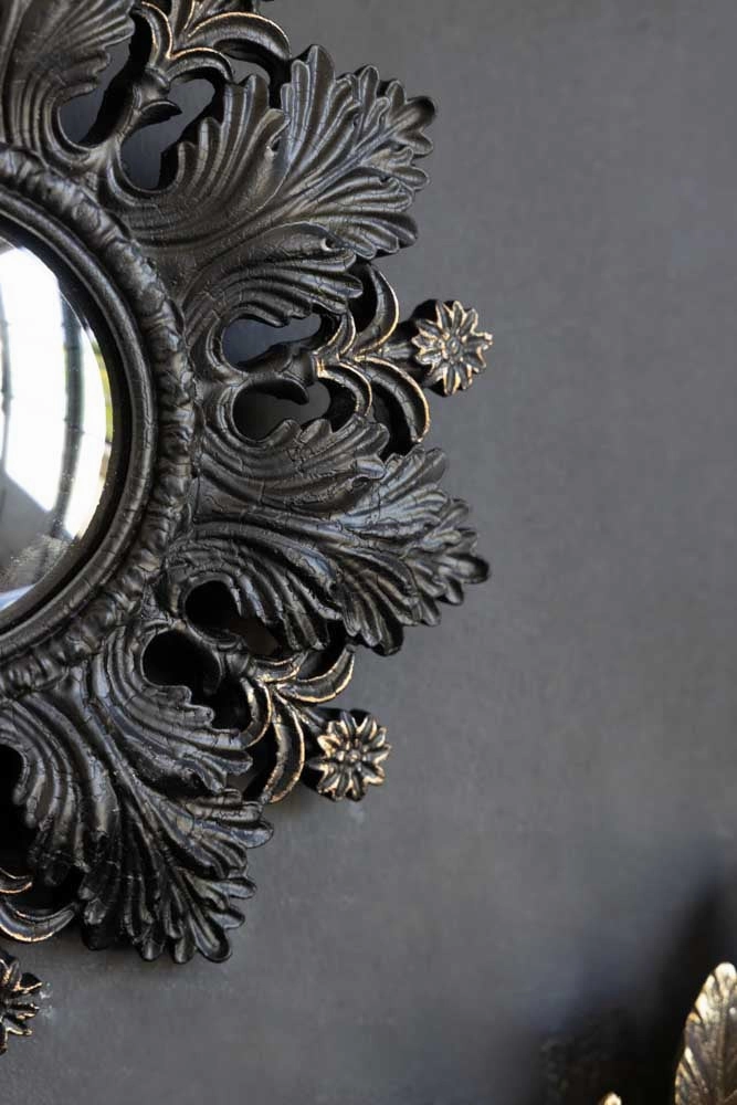 Small Black Flowers & Leaves Convex Mirror