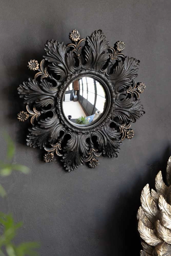 Small Black Flowers & Leaves Convex Mirror 