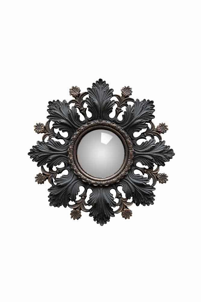 Small Black Flowers & Leaves Convex Mirror