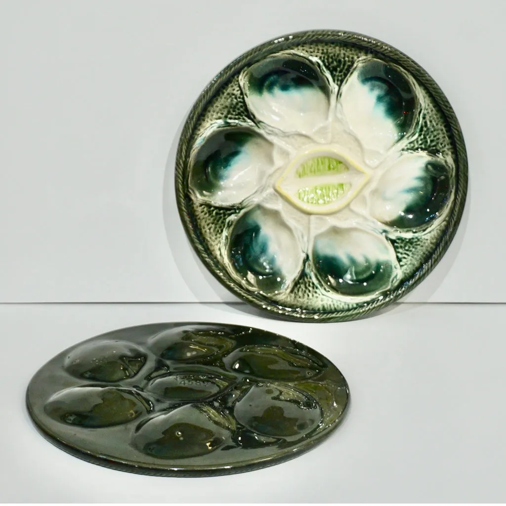 St Clement French Art Deco Majolica Set of 6 Oyster Plates and Serving Platter