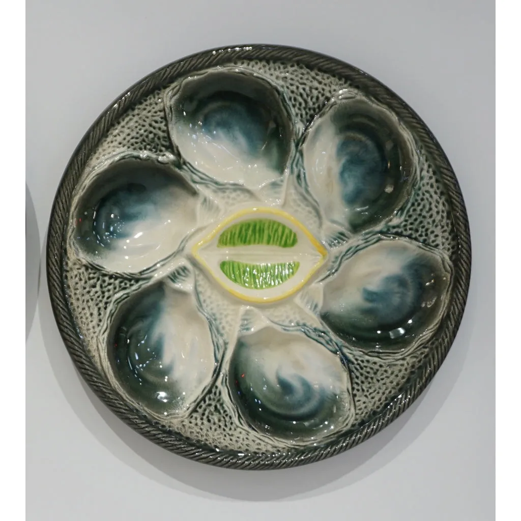 St Clement French Art Deco Majolica Set of 6 Oyster Plates and Serving Platter