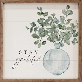 Stay Grateful Eucalyptus Vase Wood Framed Print 