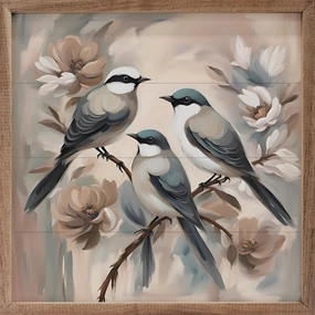 Three Birds On Floral Branch Wood Framed Print 