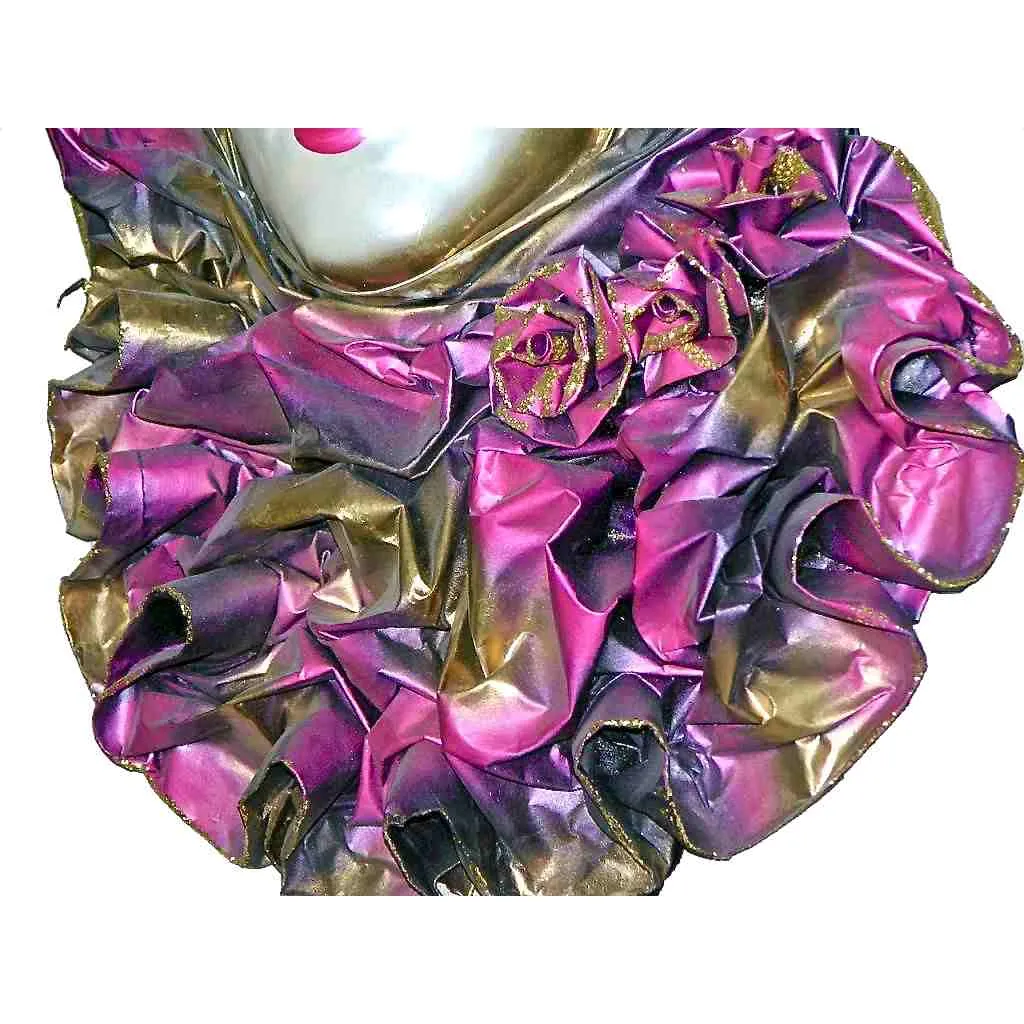 Venetian Handmade Gold and Rose Pink Mask with Flower Pleated Jabot