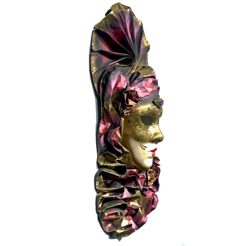 Venetian Handmade Gold and Rose Pink Mask with Flower Pleated Jabot