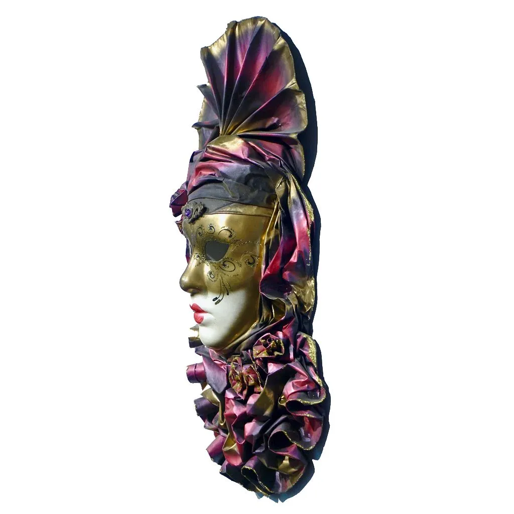Venetian Handmade Gold and Rose Pink Mask with Flower Pleated Jabot