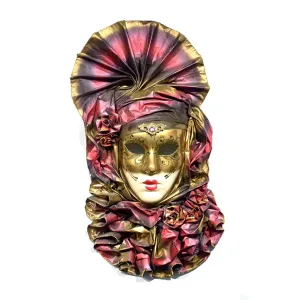 Venetian Handmade Gold and Rose Pink Mask with Flower Pleated Jabot 