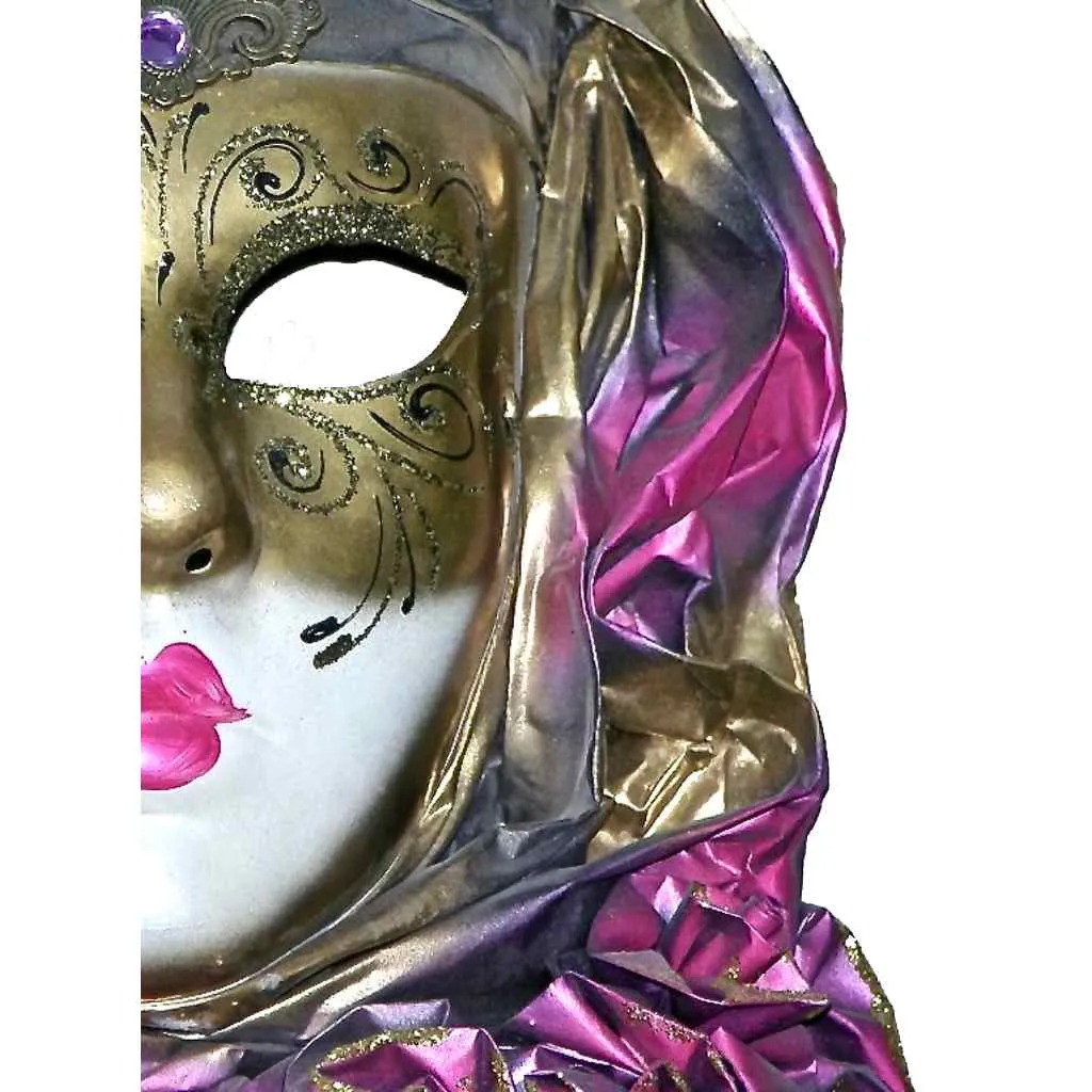 Venetian Handmade Gold and Rose Pink Mask with Flower Pleated Jabot