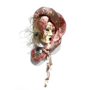 Venetian Handmade Pink Rose Fabric Headwrap Mask with Handle and Feathers 