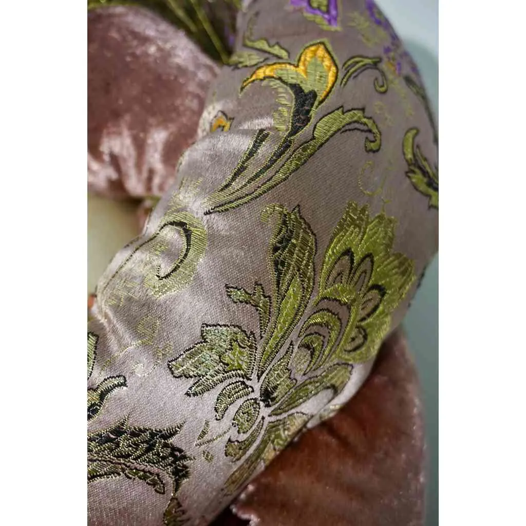 Venetian Handmade Pink Rose Fabric Headwrap Mask with Handle and Feathers