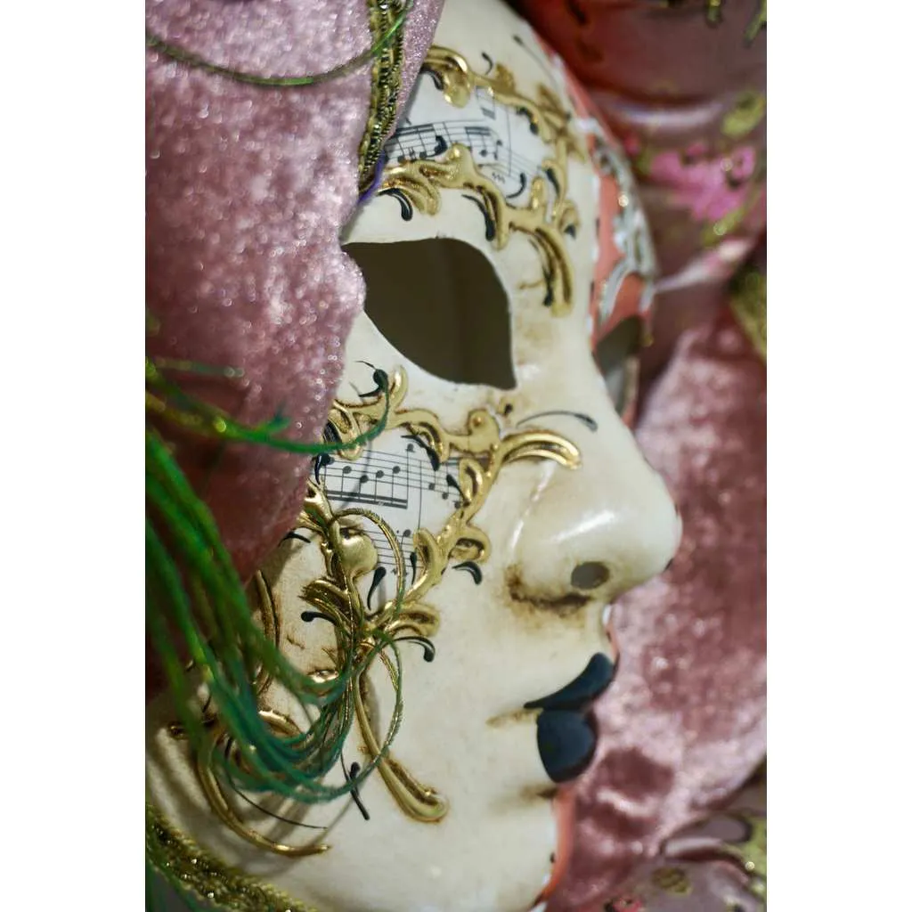 Venetian Handmade Pink Rose Fabric Headwrap Mask with Handle and Feathers
