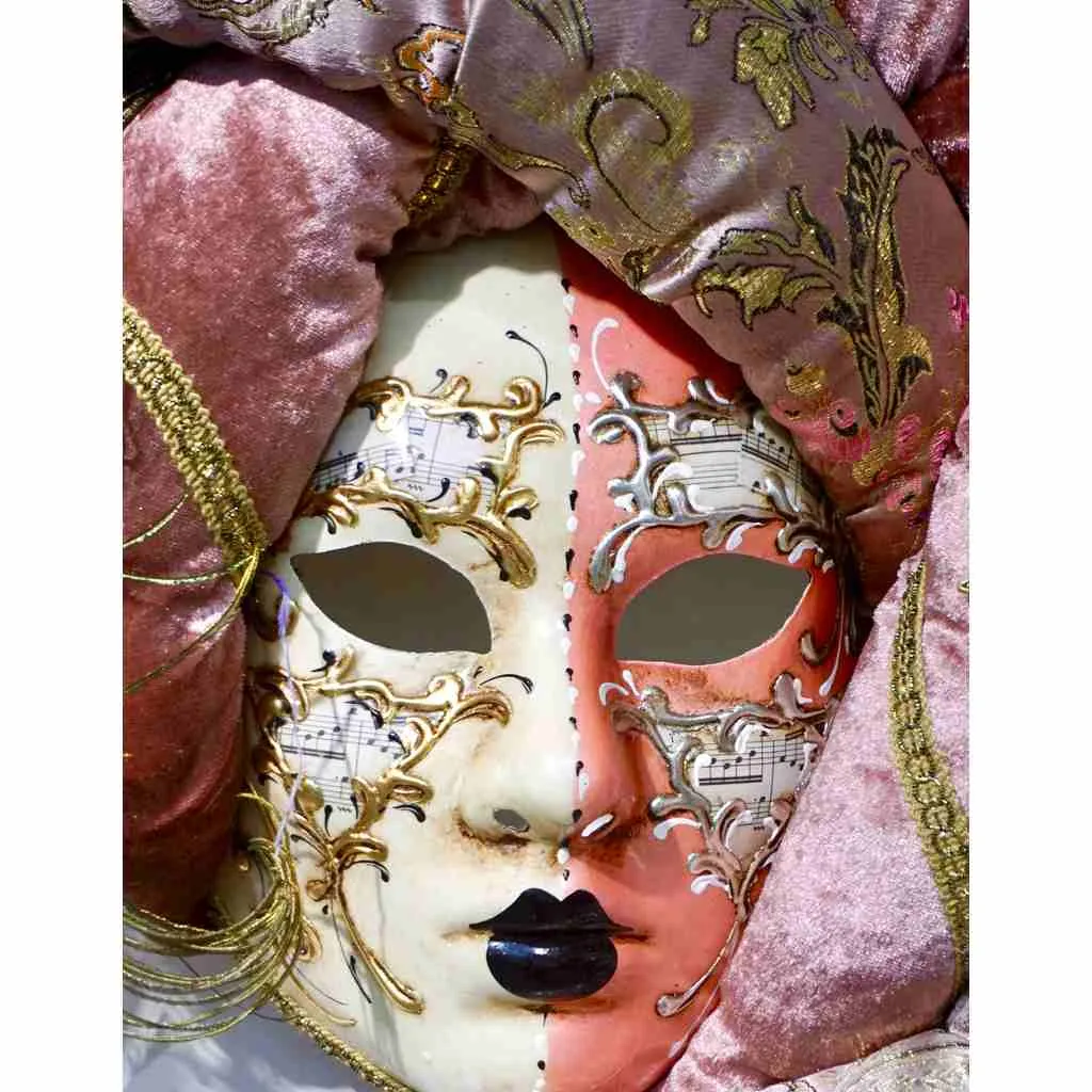 Venetian Handmade Pink Rose Fabric Headwrap Mask with Handle and Feathers