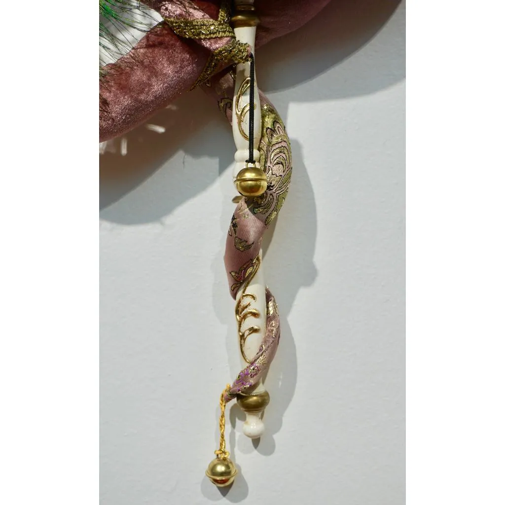 Venetian Handmade Pink Rose Fabric Headwrap Mask with Handle and Feathers