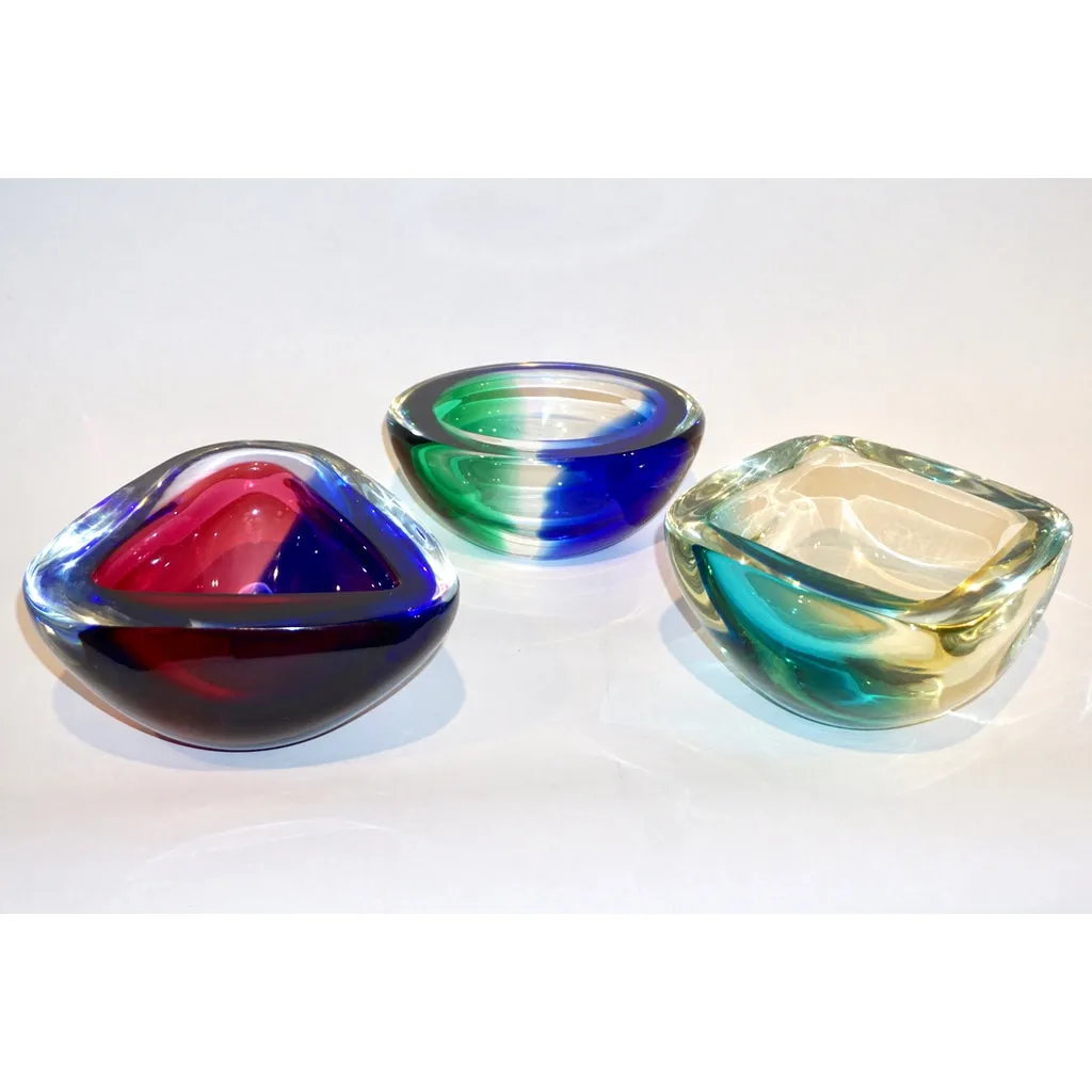 Venini 1970s Italian Murano Glass Geometric Oval Blue Green Murano Glass Bowl